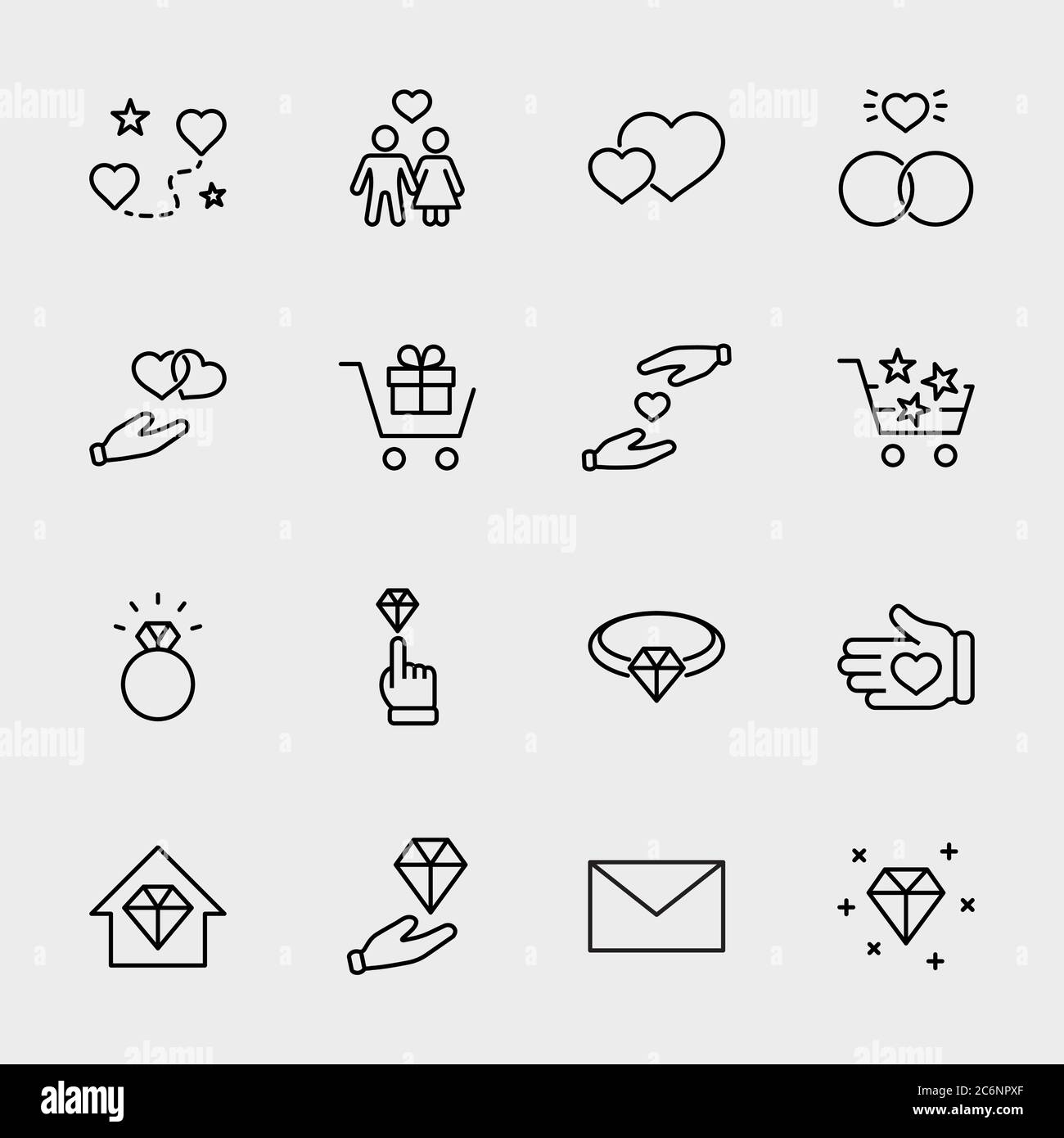 Icone della linea internazionale del giorno del gioielliere. Anelli di nozze di famiglia di amore. Tratto modificabile Illustrazione Vettoriale