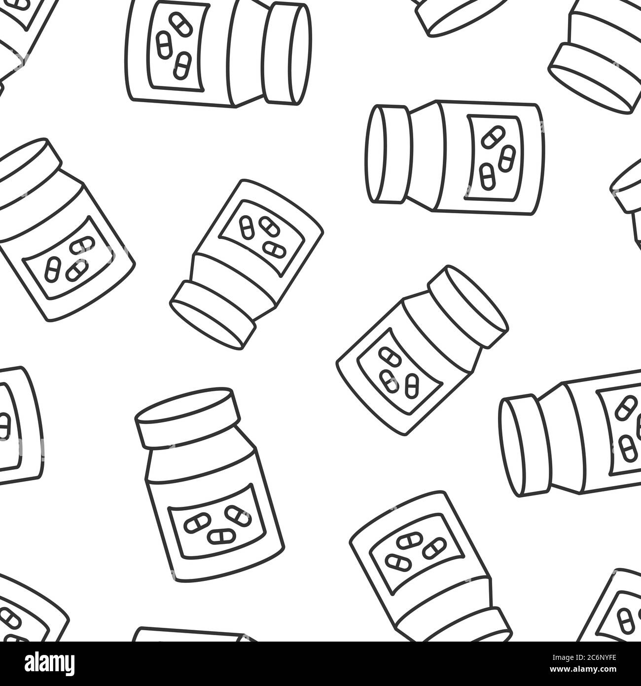 Icona del flacone per pillola in stile piatto. Illustrazione vettoriale dei farmaci su sfondo bianco isolato. Concetto aziendale di modello senza giunture per farmacia. Illustrazione Vettoriale