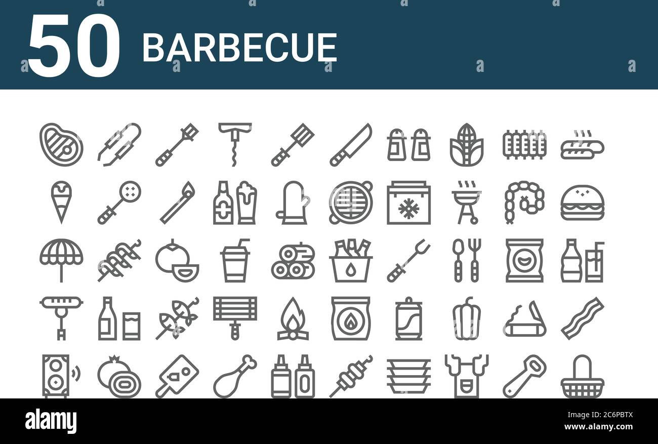 set di 50 icone per barbecue. icone con linee sottili come cestino, altoparlante, salsiccia, ombrellone, gelato, morsetto, secchio, coltello, pomodoro, carbone Illustrazione Vettoriale
