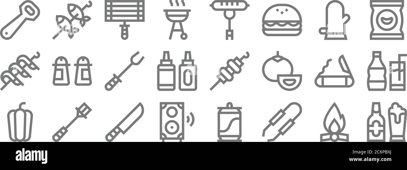 icone di linea del barbecue. set lineare. set di linee vettoriali di qualità come birra, morsetto, altoparlante, peperone, barbecue, patatine, salsiccia, pesce Illustrazione Vettoriale