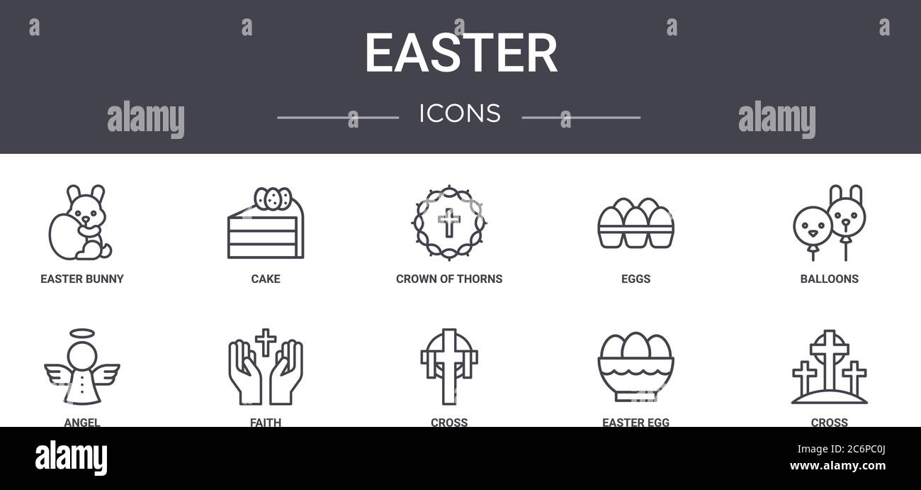set di icone della linea di concetto pasquale. contiene icone utilizzabili per il web, logo, ui/ux come torta, uova, angelo, croce, uovo di pasqua, croce, palloncini, corona di thor Illustrazione Vettoriale