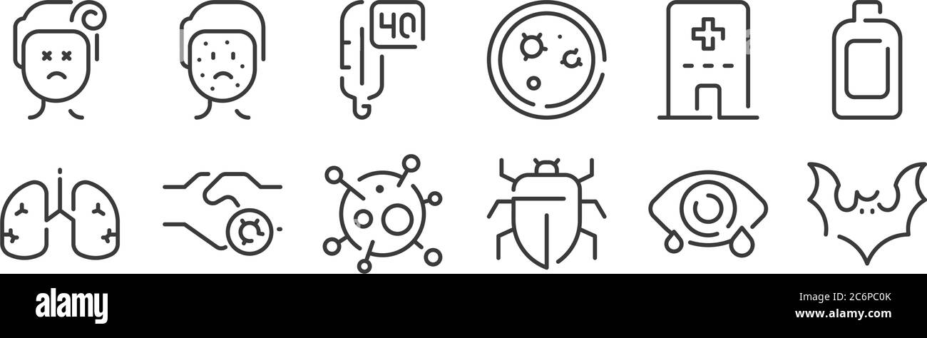 12 insieme di icone lineari di trasmissione dei virus. icone sottili come pipistrelli, insetti, stretta di mano, ospedale, temperatura, uomo per il web, cellulare Illustrazione Vettoriale