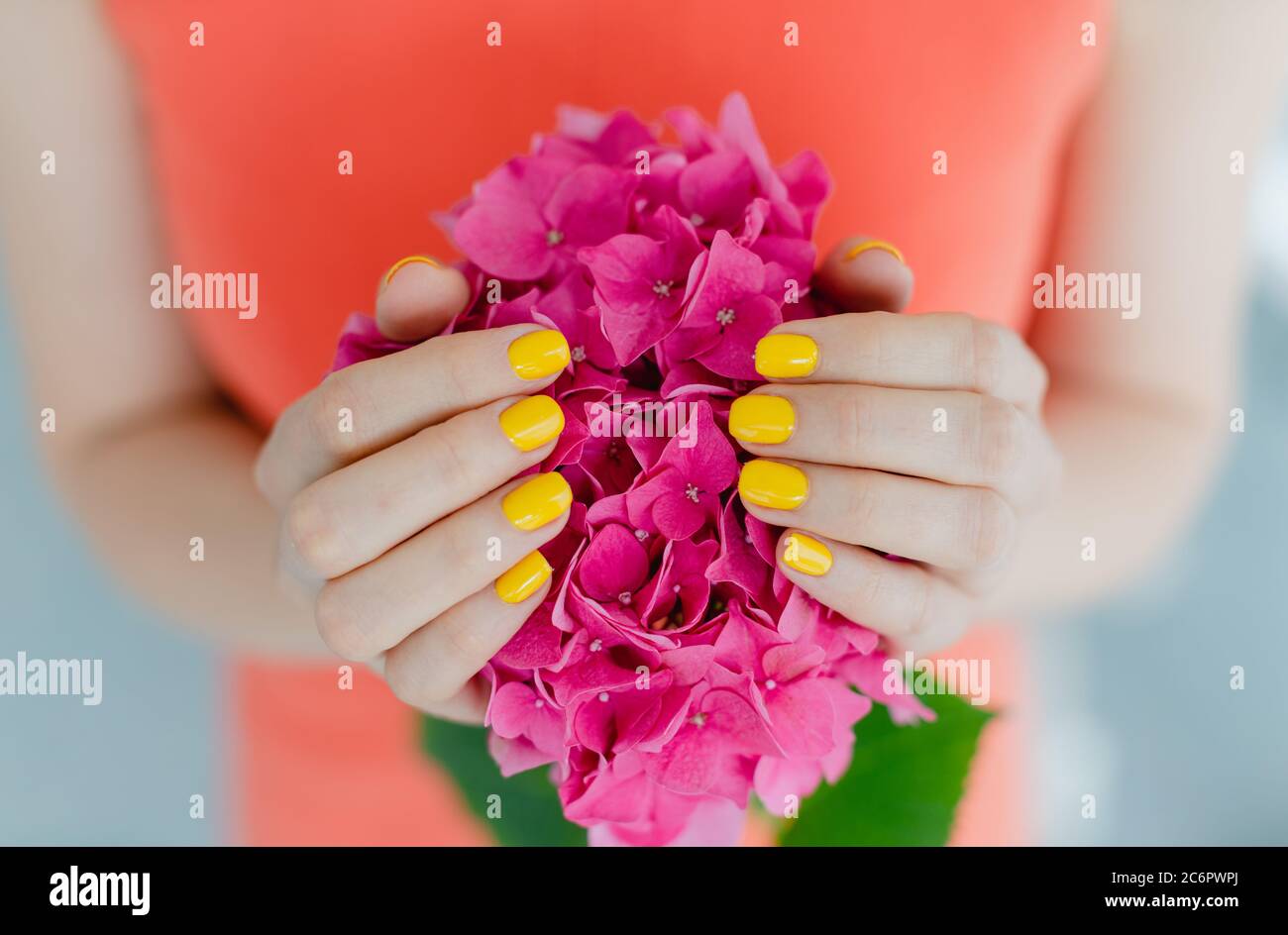 Donne con unghie manichate in giallo che tengono un fiore Foto Stock