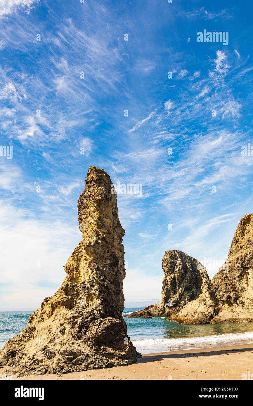 Immagine verticale - Chioseup di Needle Rock Sea stack su Bandon Beach in Oregon Foto Stock