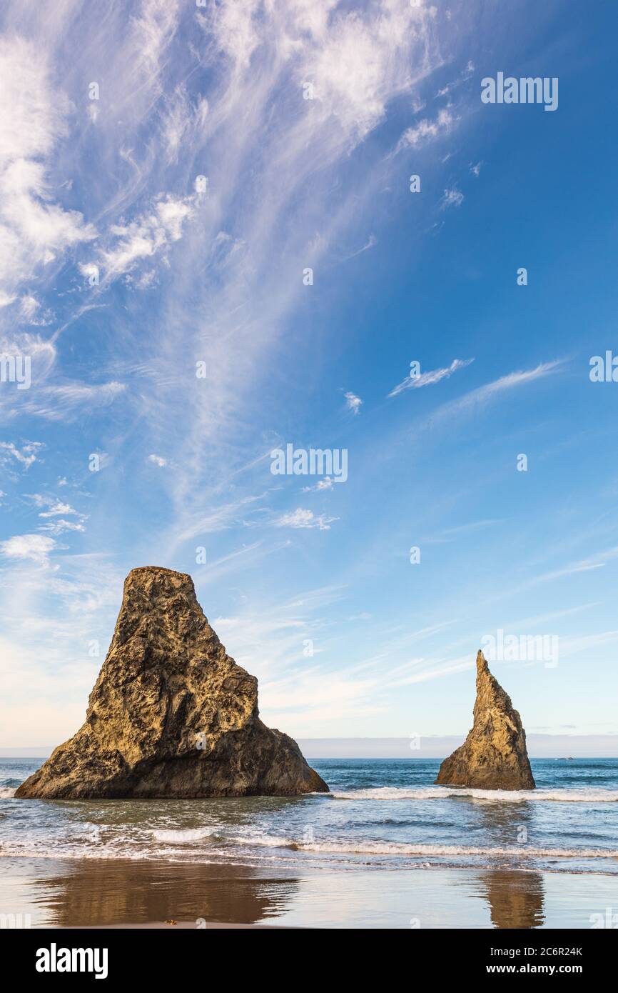 Immagine verticale - due pile di mare che si riflettono nell'acqua sulla spiaggia di Bandon in Oregon Foto Stock