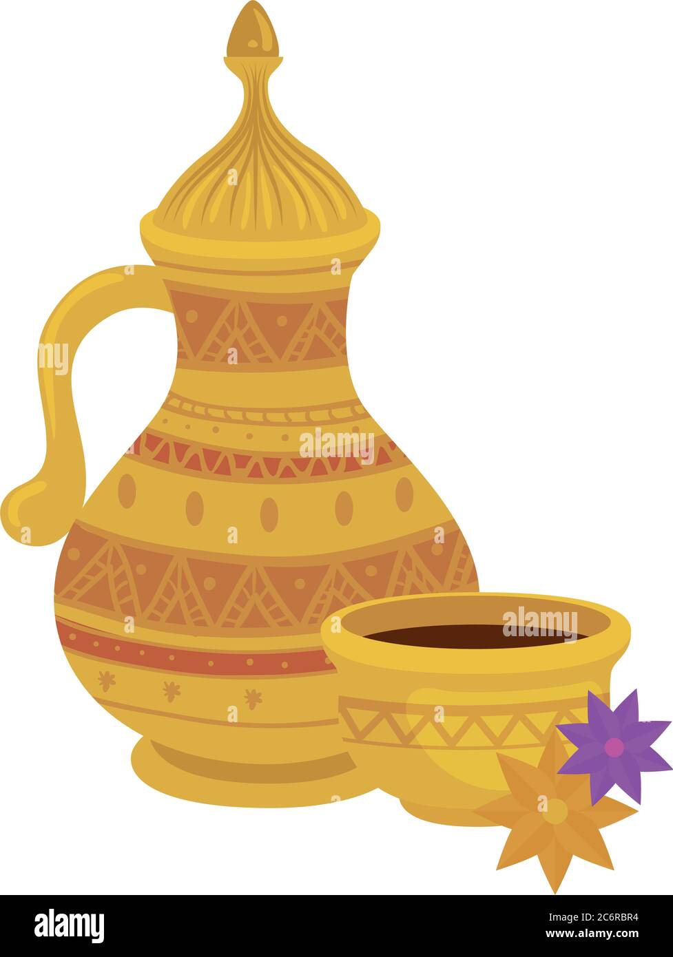 teiera araba d'oro con pentola, patrimonio culturale arabo su sfondo bianco Illustrazione Vettoriale