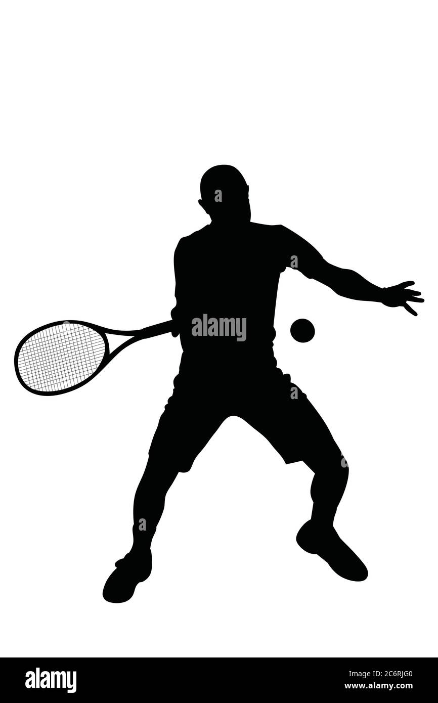Sagoma vettoriale di un giocatore di tennis in una partita a palla in un torneo sportivo professionale, illustrazione di un atleta maschile che distruggono la palla con racchetta Illustrazione Vettoriale