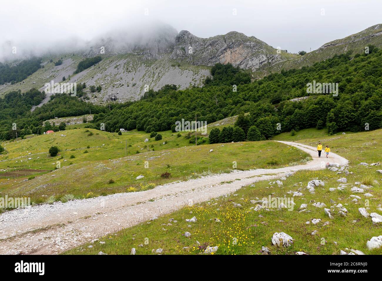 Madre e figlio camminano sulla strada sterrata sull'altopiano del lago Bukumirsko con una vista magnifica sulle montagne, Montenegro Foto Stock