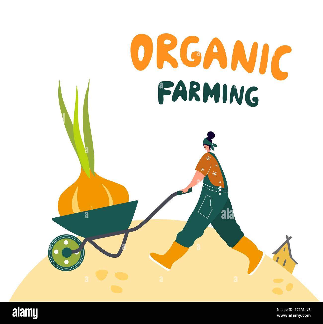 Agricoltura biologica. Lavoratori agricoli che piantano e raccolgono raccolti, lavorando su trattore, agricoltore, fattoria. Illustrazione vettoriale a fumetto piatto. gro locale Illustrazione Vettoriale