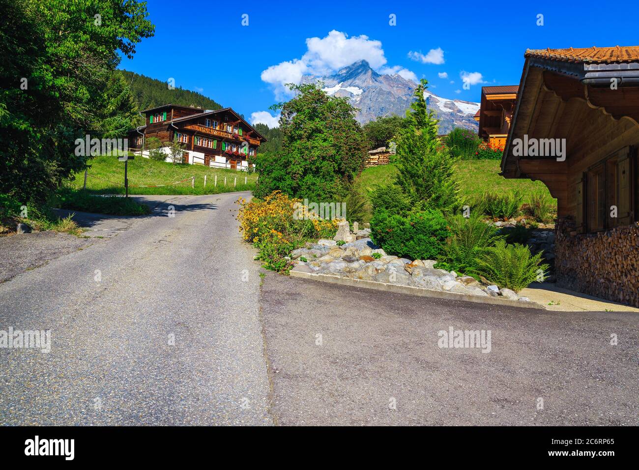 Graziose case in legno con splendidi giardini e splendide viste, Grindelwald, Oberland Bernese, Svizzera, Europa Foto Stock