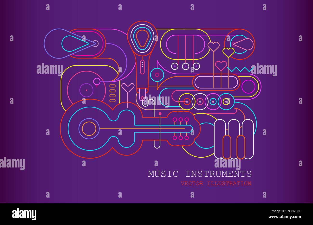 Colori al neon su sfondo viola sfumato Music Instrument Line Arte Silhouette illustrazione vettoriale. Immagini di contorno di chitarra, sassofono, piano keyb Illustrazione Vettoriale