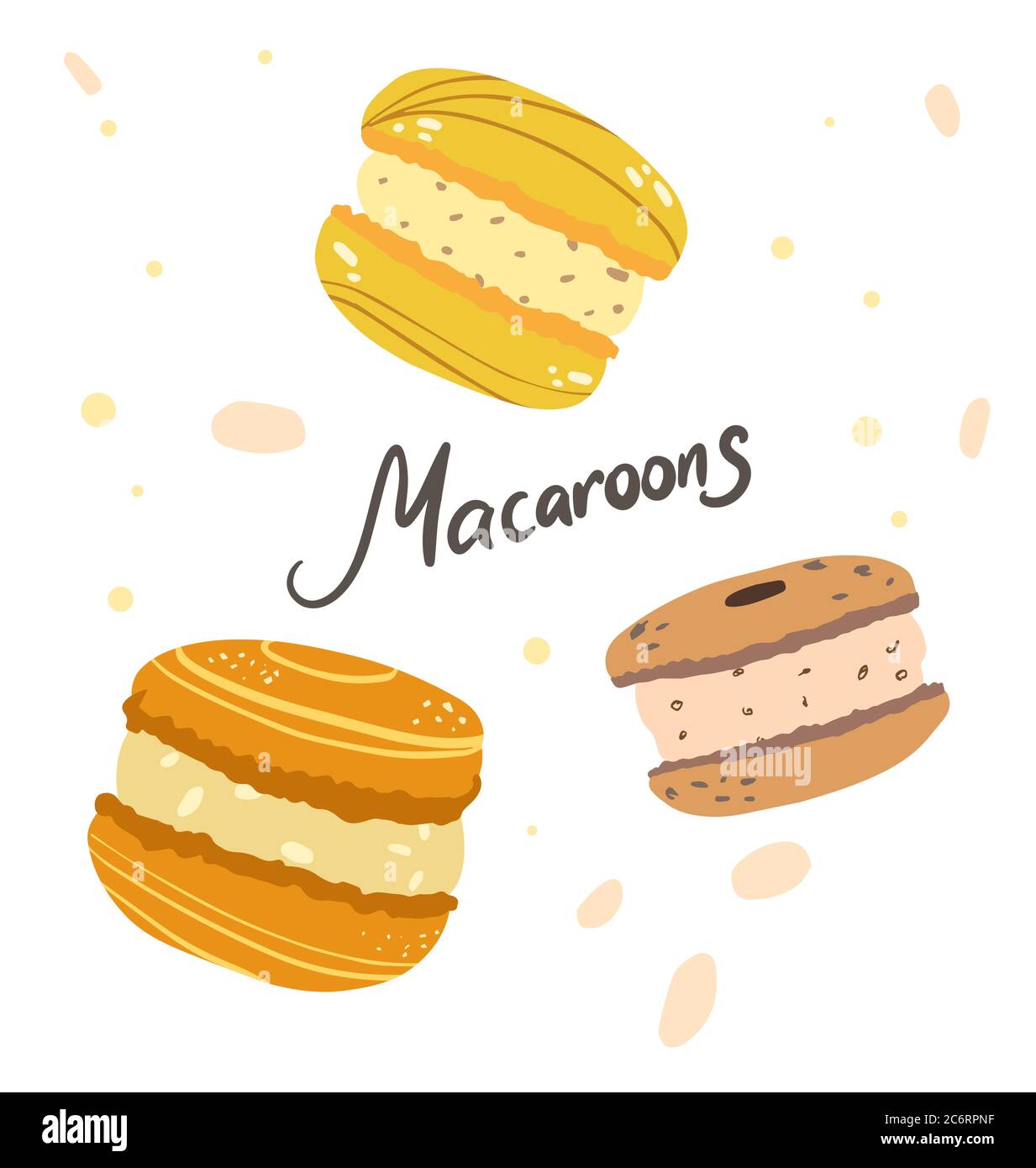 Biscotti colorati con macaron. Posizionamento dei prodotti con etichetta dessert Illustrazione Vettoriale