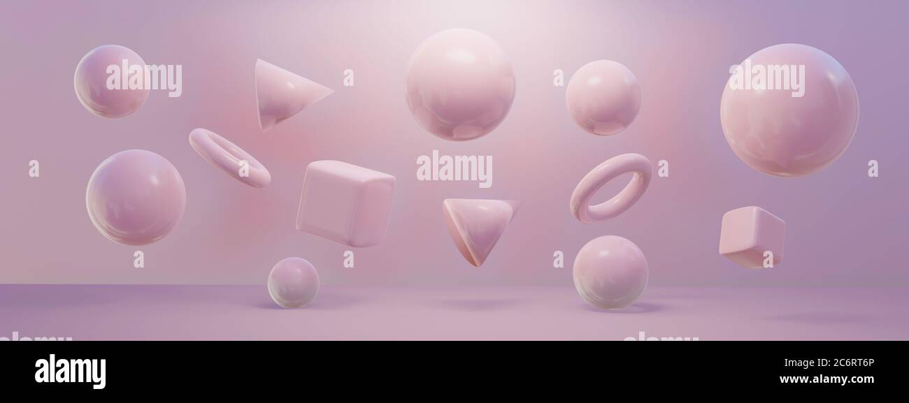 Rendering 3D di varie forme geometriche rosa su superficie e sfondo rosa. Concetto di ripetizione di rendering 3D. Illustrazione 3d di alta qualità Foto Stock