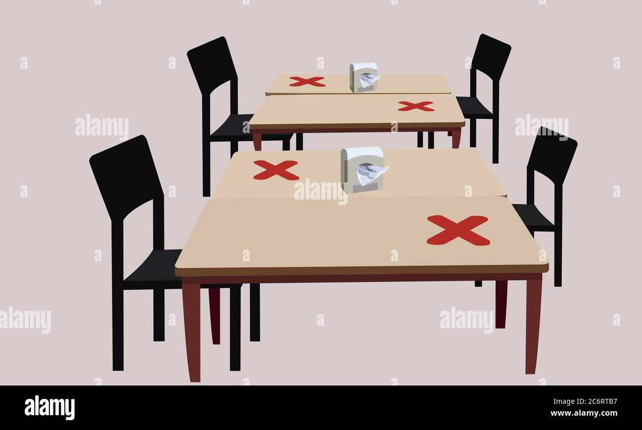 Misure di manutenzione sociale a distanza. Spazio per tavoli e sedie. Prevenire la diffusione del virus da parte di altri. Foto Stock