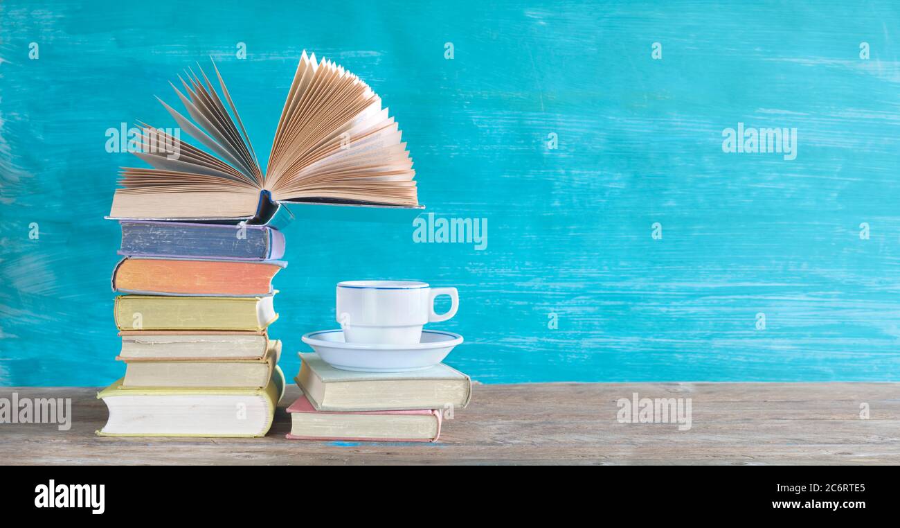 Apri il libro, la lettura, l'educazione, la letteratura, la biblioteca, il ritorno alla scuola concept.Good copy space. Foto Stock