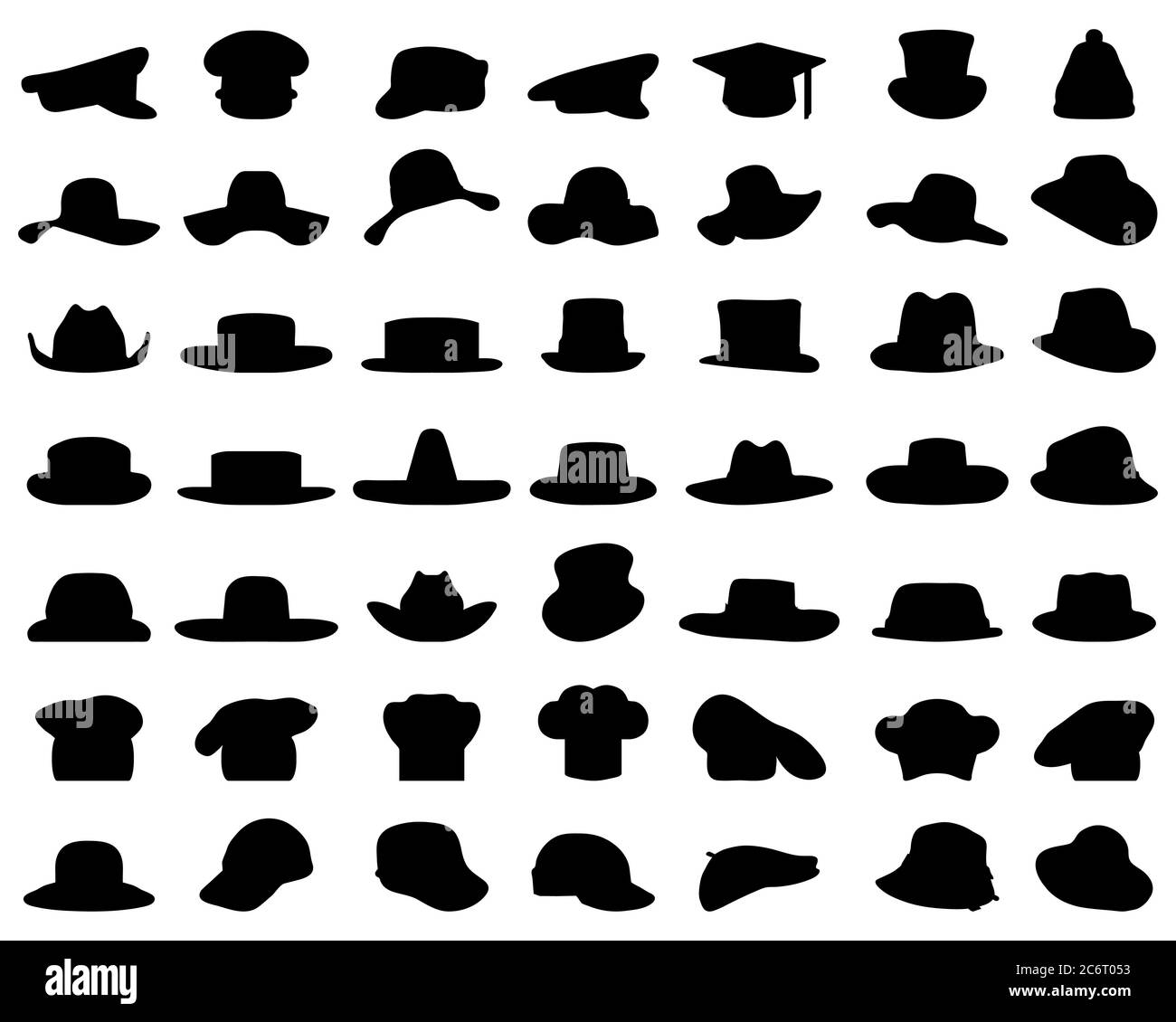 Silhouette nera di vari cappucci e cappelli su sfondo bianco Foto Stock