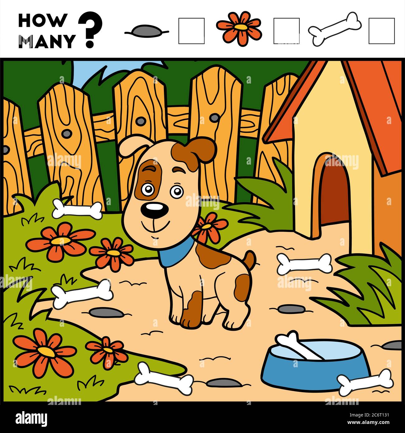 Gioco di conteggio per i bambini di Preschool. Educare un gioco matematico. Contare quanti elementi e scrivere il risultato! Cane e sfondo Illustrazione Vettoriale