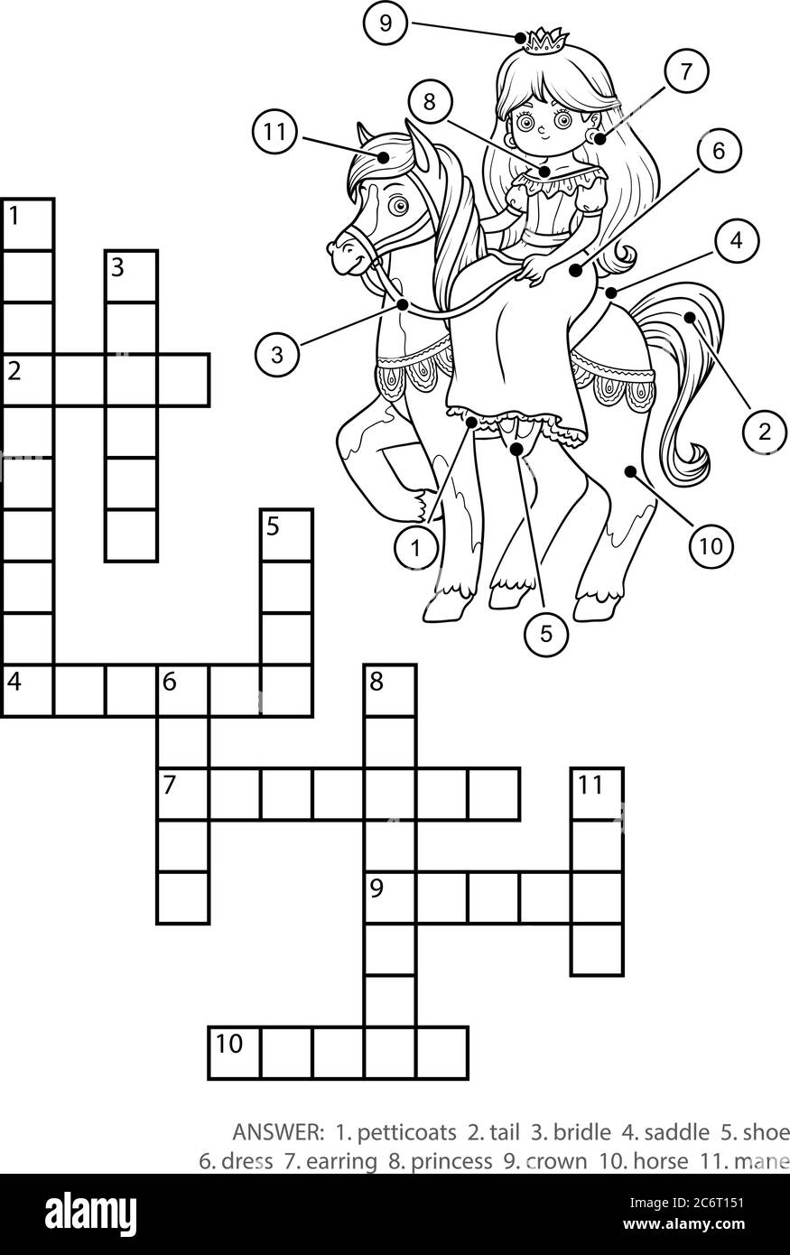 Vettore crossword incolore, gioco di istruzione per i bambini. Principessa e cavallo Illustrazione Vettoriale