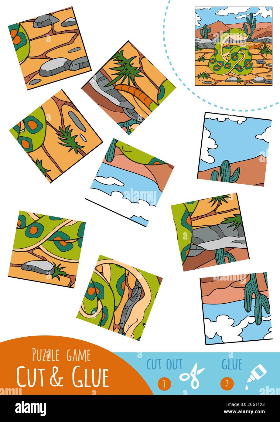 Gioco di puzzle di istruzione per bambini, serpente di sonaglino. Utilizzare forbici e colla per creare l'immagine. Illustrazione Vettoriale