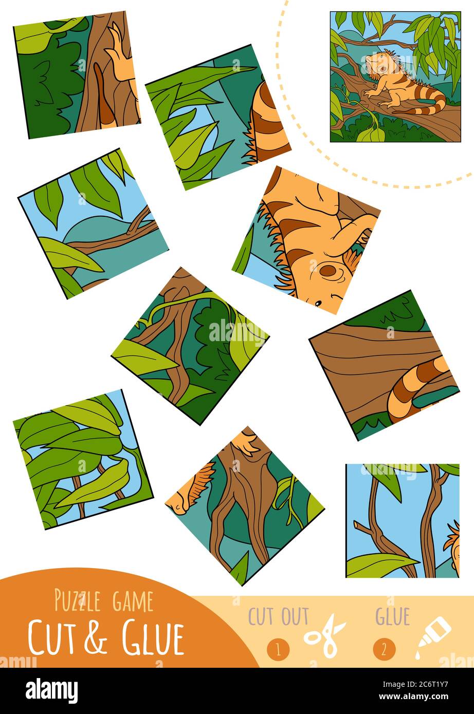 Gioco di puzzle di educazione per bambini, Iguana. Utilizzare forbici e colla per creare l'immagine. Illustrazione Vettoriale