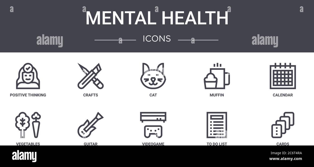 set di icone della linea di concetto di salute mentale. contiene icone utilizzabili per il web, logo, ui/ux come artigianato, muffin, verdure, videogiochi, elenco delle cose da fare, carte, cal Illustrazione Vettoriale