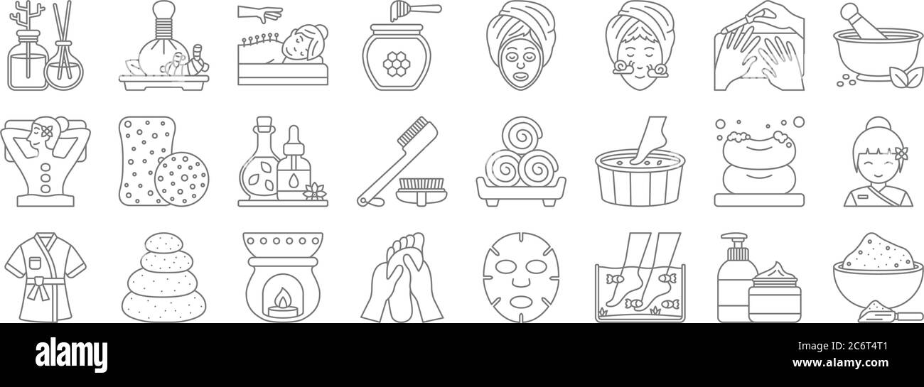 icone linea spa. set lineare. set di linee vettoriali di qualità come sale, pedicure, massaggio ai piedi, accappatoio, sapone, olio essenziale, mortaio, massaggio alle erbe Illustrazione Vettoriale