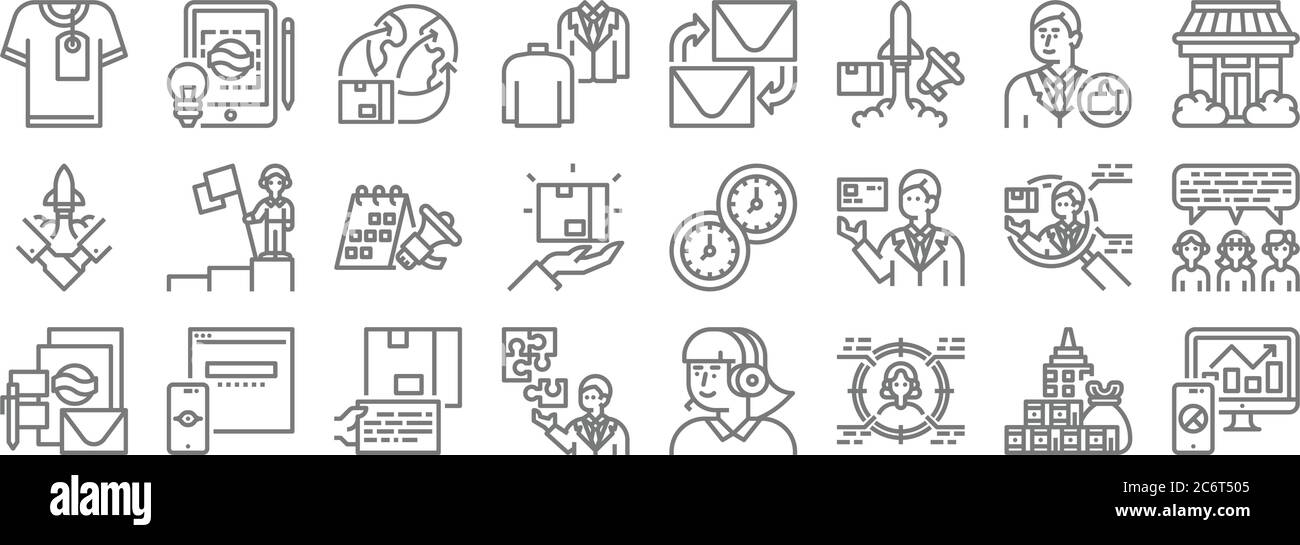 icone di linea di branding. insieme lineare. insieme di linee vettoriali di qualità come analisi, target, seghetto alternativo, modello, concorrente, campagna, negozio, e-mail, creativo Illustrazione Vettoriale