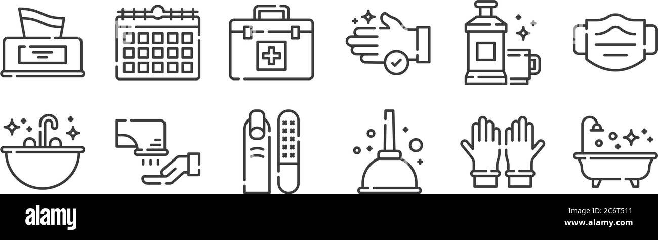 12 set di icone di routine per l'igiene lineare. icone con contorni sottili come vasca da bagno, stantuffo, asciuga mano, collutorio, kit di pronto soccorso, calendario per il web, cellulare Illustrazione Vettoriale