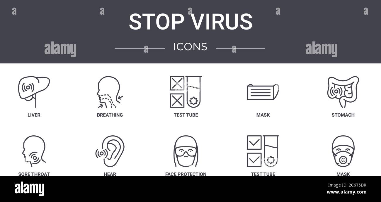 set di icone della linea di concetto di virus stop. contiene icone utilizzabili per web, logo, ui/ux quali respirazione, maschera, mal di gola, protezione del viso, provetta, maschera, Illustrazione Vettoriale