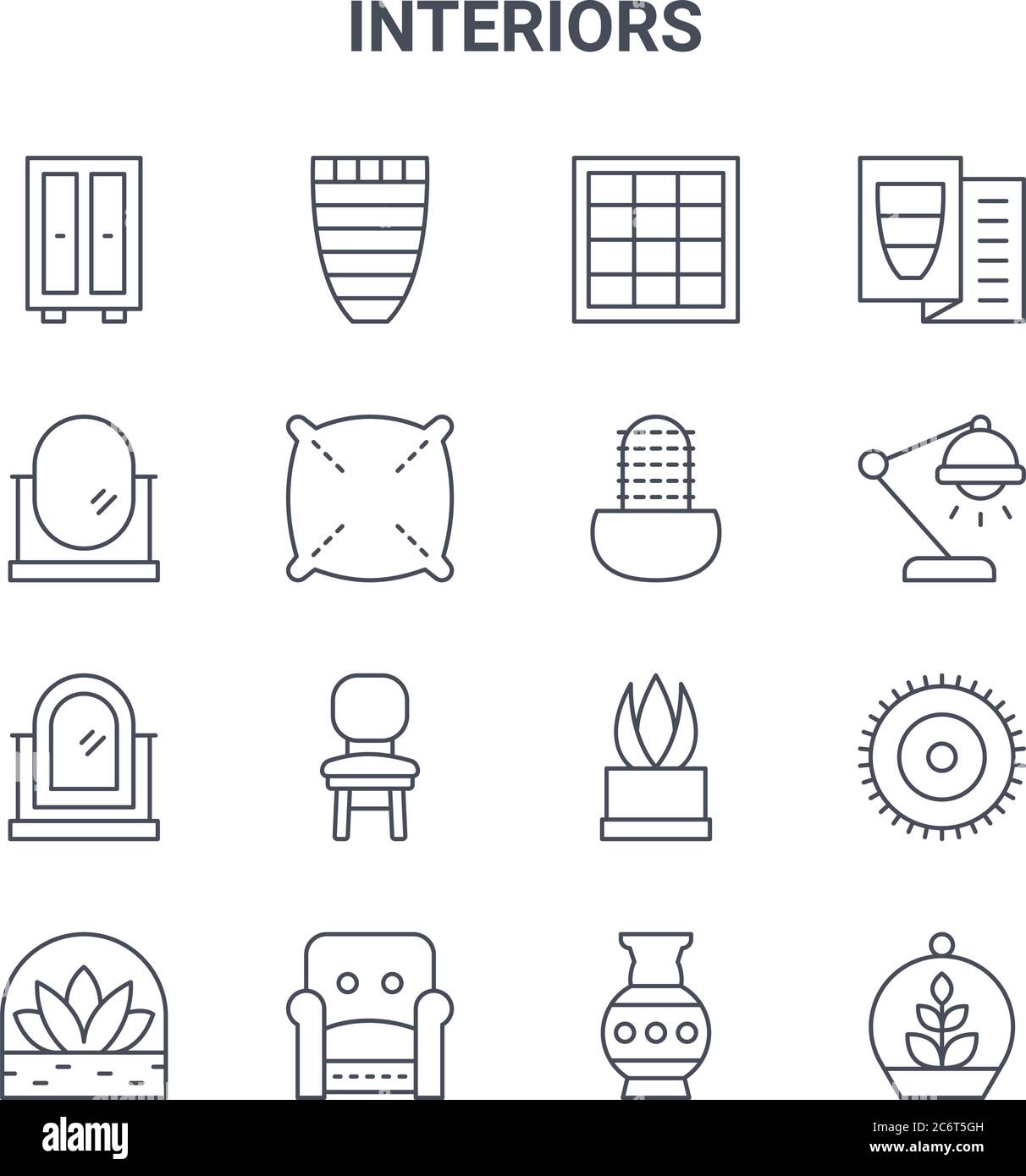 set di 16 icone di linee vettoriali per interni. 64x64 icone di corsa sottile come vaso, specchio ovale, lampada da tavolo, succulente, poltrona, terrarium, vaso, cac Illustrazione Vettoriale