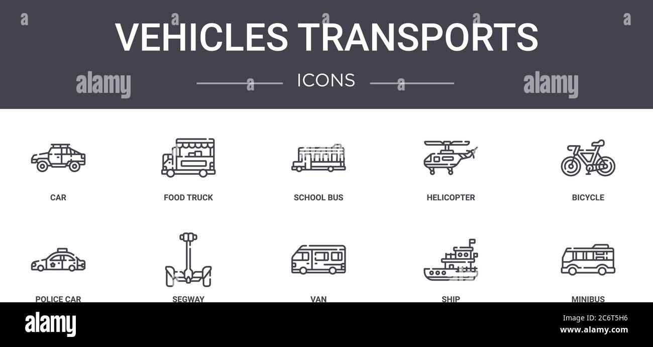 veicoli trasporti set di icone della linea concettuale. contiene icone utilizzabili per il web, logo, ui/ux come camion per alimenti, elicottero, auto di polizia, furgone, nave, minibus, Illustrazione Vettoriale