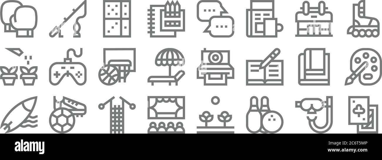 icone di linea hobby. set lineare. set di linee vettoriali di qualità come carte da poker, bowling, teatro, surf, leggere, basket, pattinaggio, chat box, pesca Illustrazione Vettoriale