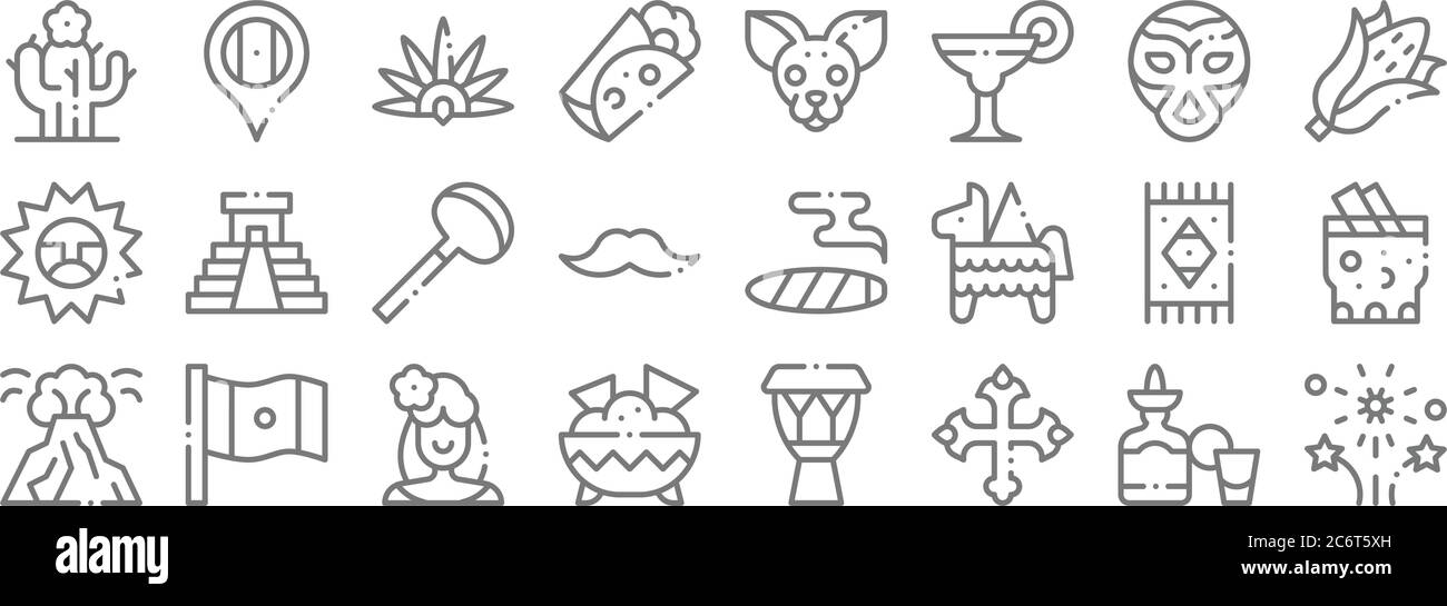 icone della linea del messico. insieme lineare. insieme di linea vettoriale di qualità come fuochi d'artificio, croce, nachos, popocatepelt, tappeto, coa de jima, mais, chihuahua, messico Illustrazione Vettoriale