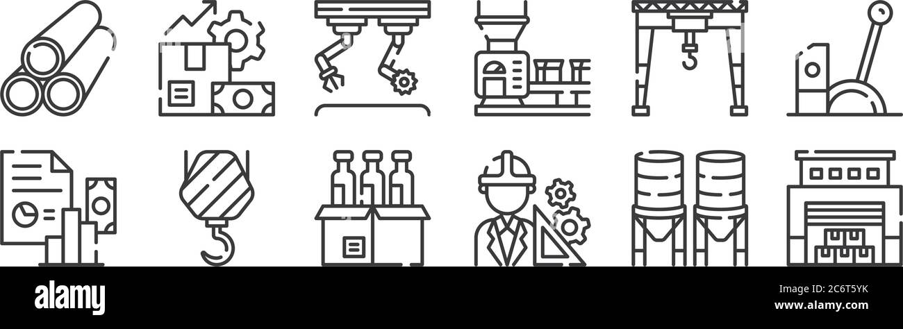 12 insieme di icone lineari di processo industriale. icone a contorno sottile come magazzino, ingegnere, gancio, gru, montaggio, produzione per web, mobile Illustrazione Vettoriale