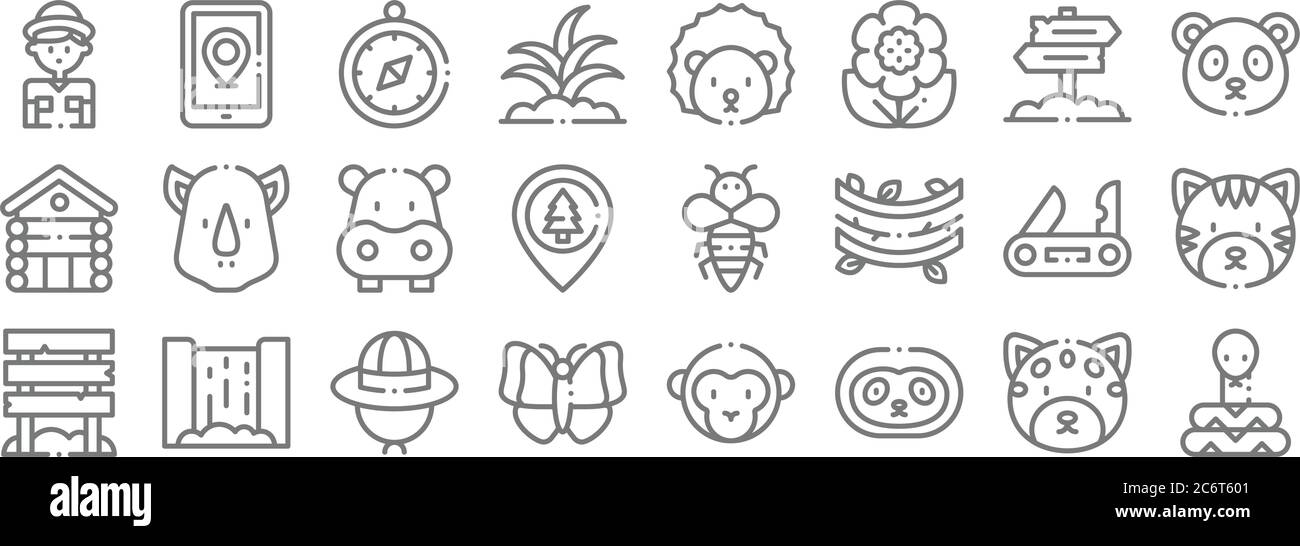 icone della linea della giungla. set lineare. set di linee vettoriali di qualità come serpente, sloth, farfalla, coltello svizzero, ippopotamo, orso del panda, hedgehog, smartphone Illustrazione Vettoriale