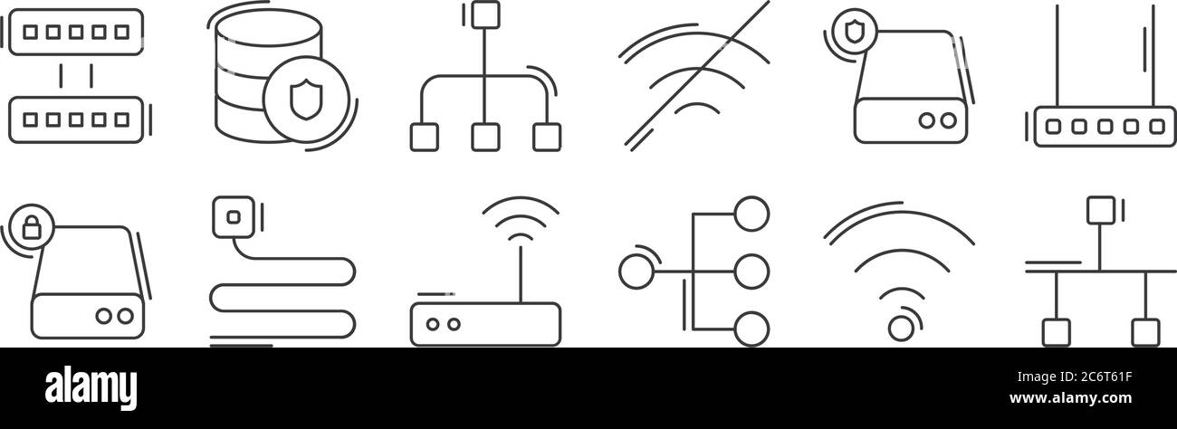 12 insieme di icone di rete lineare e database. icone con contorni sottili come porte, connessioni, cavi telefonici, hard disk, connessione, database per web, dispositivi mobili Illustrazione Vettoriale