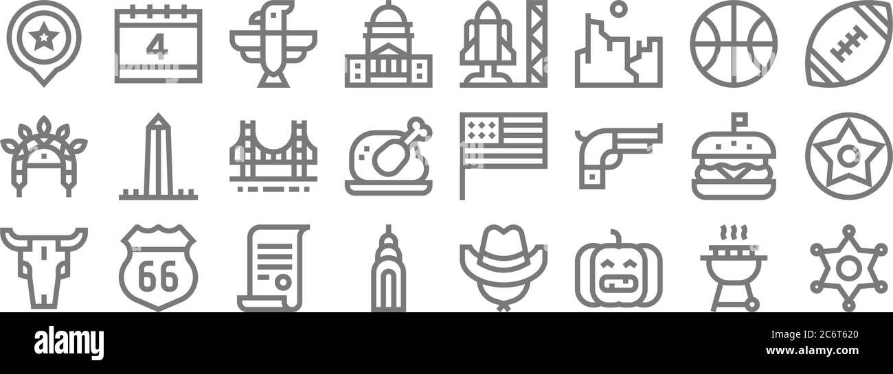 icone di linea degli stati uniti d'america. set lineare. set di linee vettoriali di qualità come badge sheriff, zucca, edificio chrysler, cranio toro, hamburger, gol Illustrazione Vettoriale