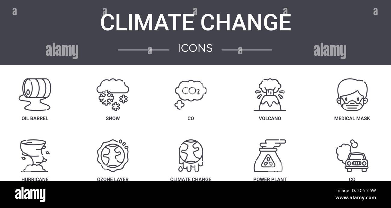 set di icone della linea di concetto del cambiamento climatico. contiene icone utilizzabili per il web, il logo, l'interfaccia utente/ux come neve, vulcano, uragano, cambiamenti climatici, centrali elettriche, co, m. Illustrazione Vettoriale