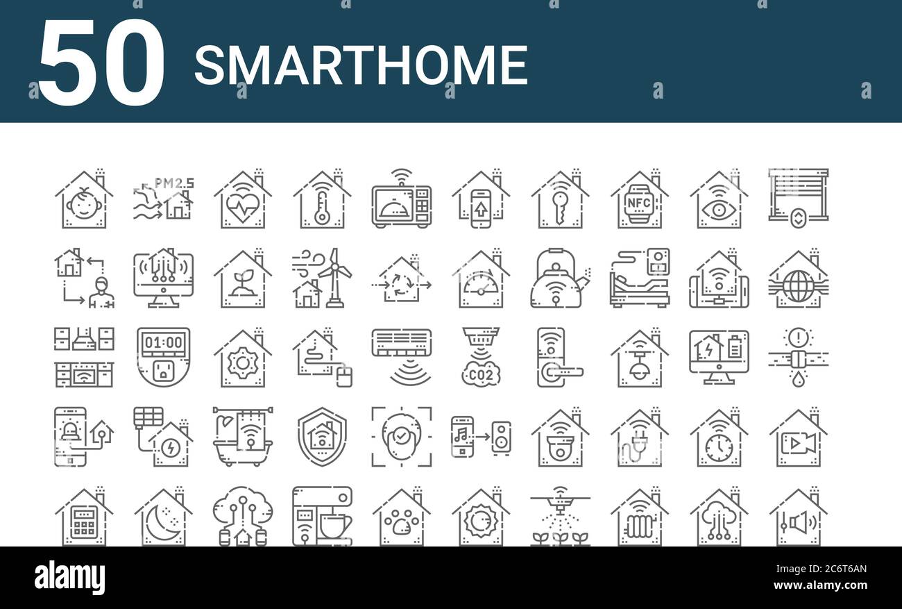 set di 50 icone intelligenti. delineare icone sottili come controllo audio, password, sicurezza domestica, cucina, smarthome, qualità dell'aria, sensore Illustrazione Vettoriale