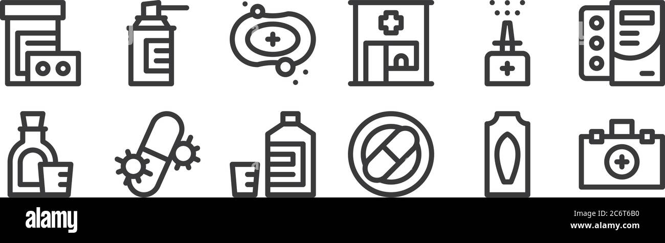 12 set di icone di medicina lineare. icone di contorno sottile come kit di pronto soccorso, antidolorifici, antibiotici, spray nasale, sapone, spray detergente per web, mobile Illustrazione Vettoriale