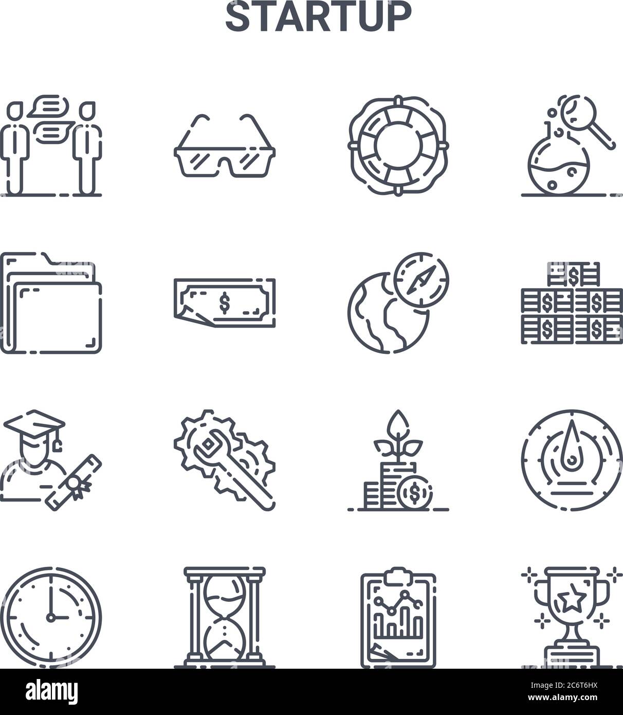 set di 16 icone di linee vettoriali di concetto di avvio. 64x64 icone di tratti sottili come occhiali, cartelle, pile, crescita, clessidra, trofeo, statistiche, navigati Illustrazione Vettoriale