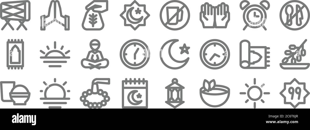 icone di linea ramadhan. set lineare. set di linee vettoriali di qualità come faith in allah, tè, calendario, cibo, sajadah, lettura, digiuno, digiuno, gesto della mano Illustrazione Vettoriale