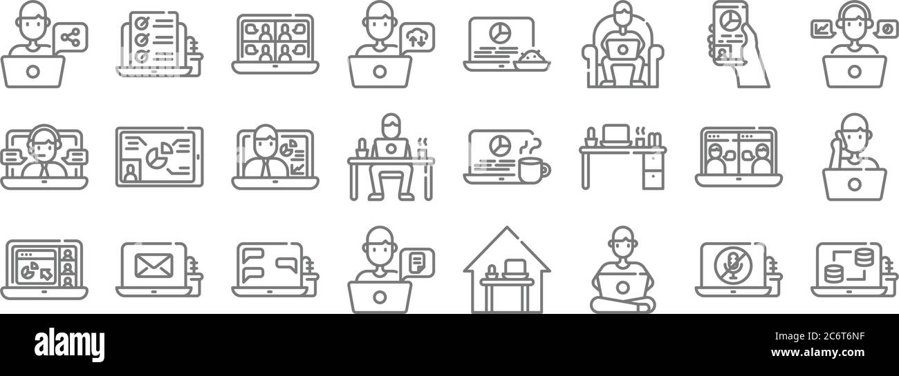 icone della linea di casa. set lineare. set di linee vettoriali di qualità come database, lavoro a casa, lavoro, videochiamata, videochiamata, presentazione, lavoro, at Illustrazione Vettoriale