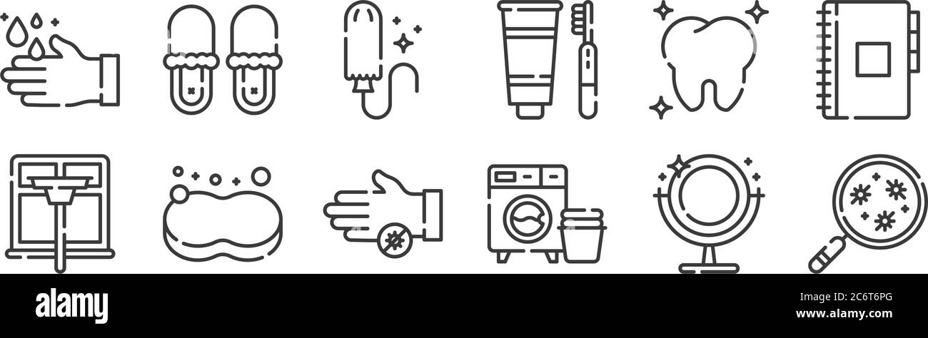 12 set di icone di routine per l'igiene lineare. icone con contorni sottili come batteri, lavatrice, spugna, dente, tampone, ciabatte per il web, cellulare Illustrazione Vettoriale