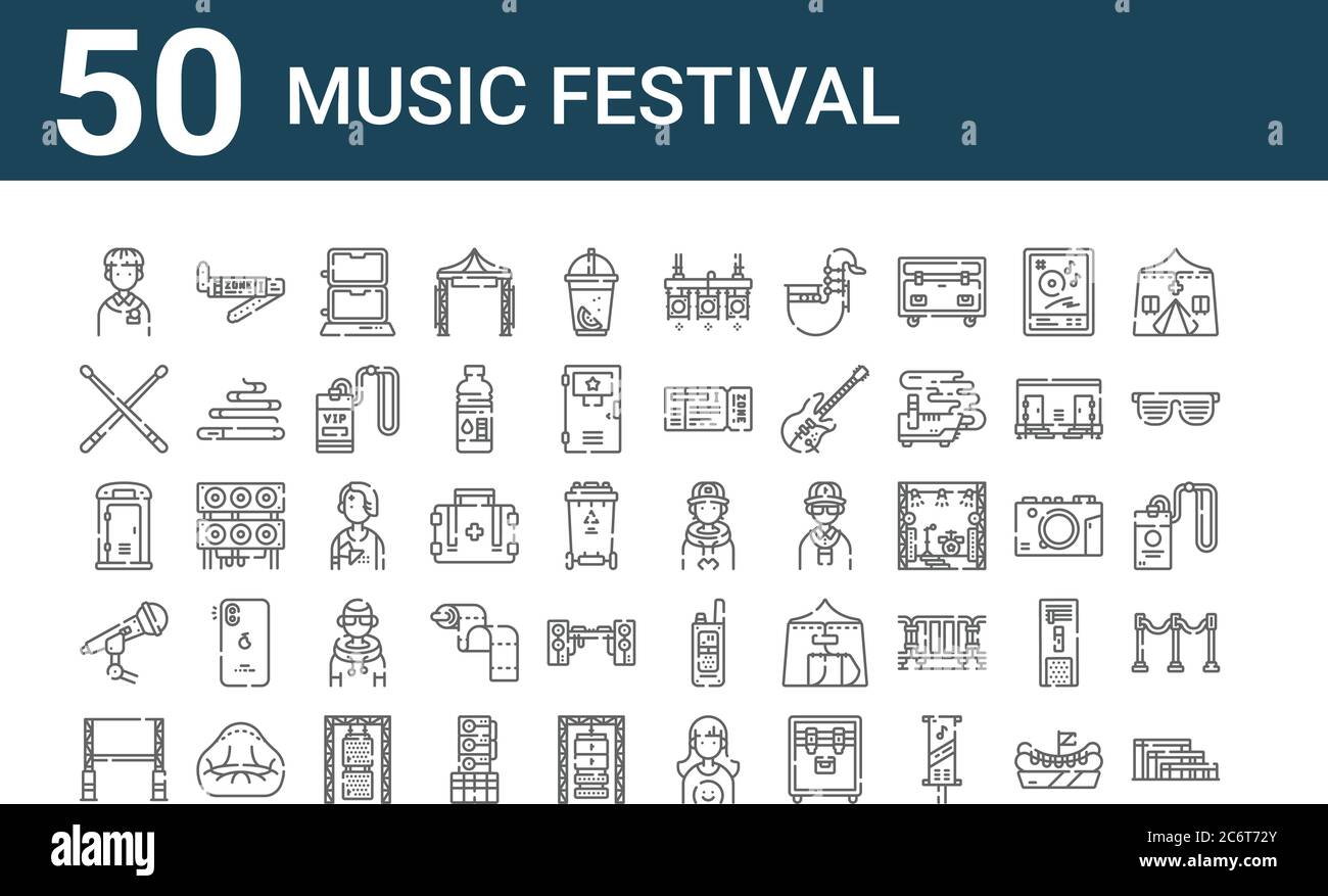 set di 50 icone di festival musicali. delineare icone sottili come tribuna, grande schermo, microfono, wc, batteria, bracciale, musica, palcoscenico, musica, walki Illustrazione Vettoriale