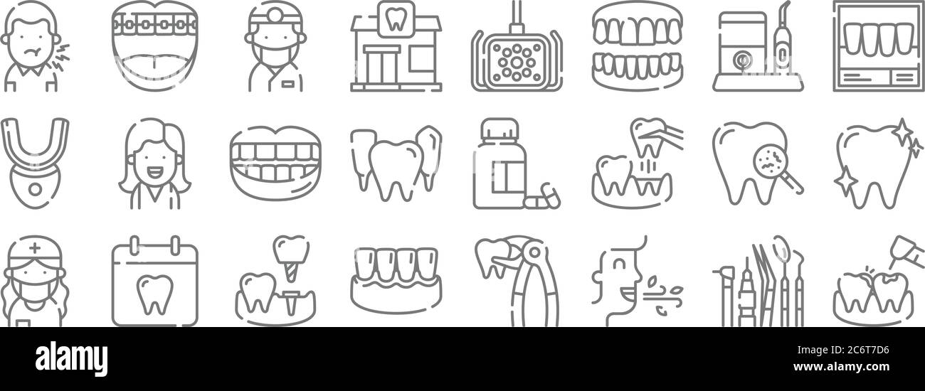 icone linea dentale. set lineare. set di linee vettoriali di qualità come cavità, fresco, gengive, dentista, batteri, sorriso, raggi x, dentista, parentesi graffe Illustrazione Vettoriale