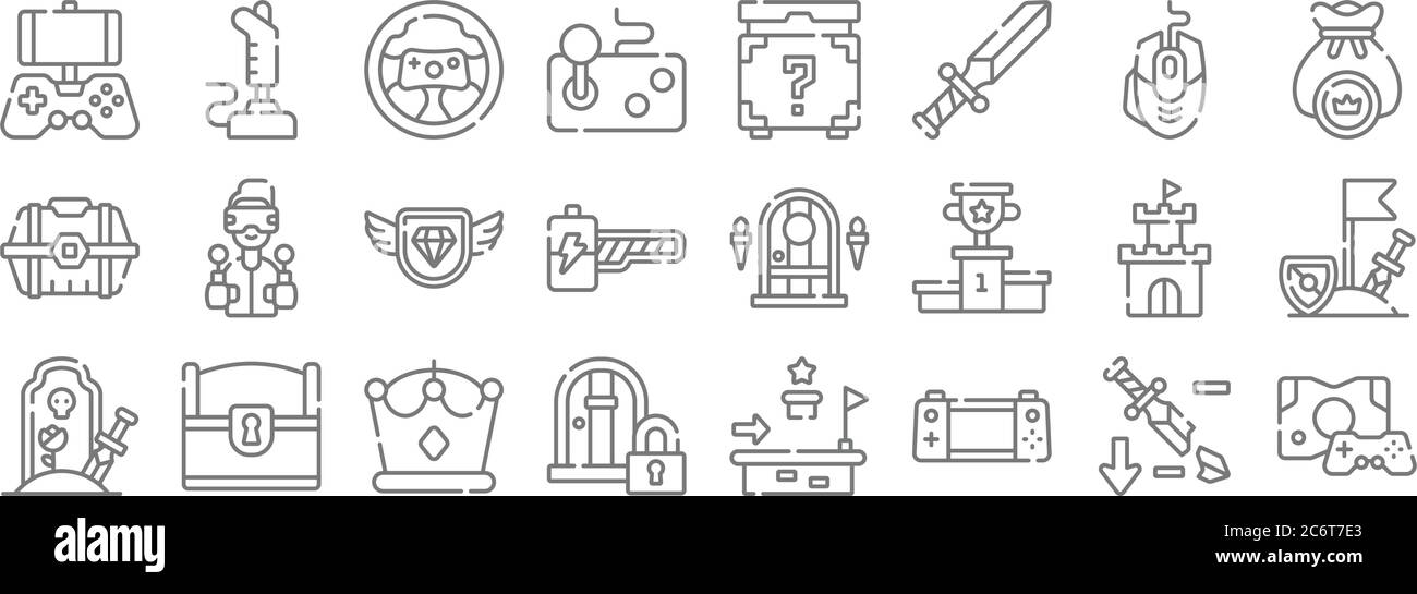icone di linea di videogiochi. set lineare. set di linee vettoriali di qualità come console di gioco, console portatile, porta chiusa, game over, torre, diamante, borsa di denaro, m Illustrazione Vettoriale