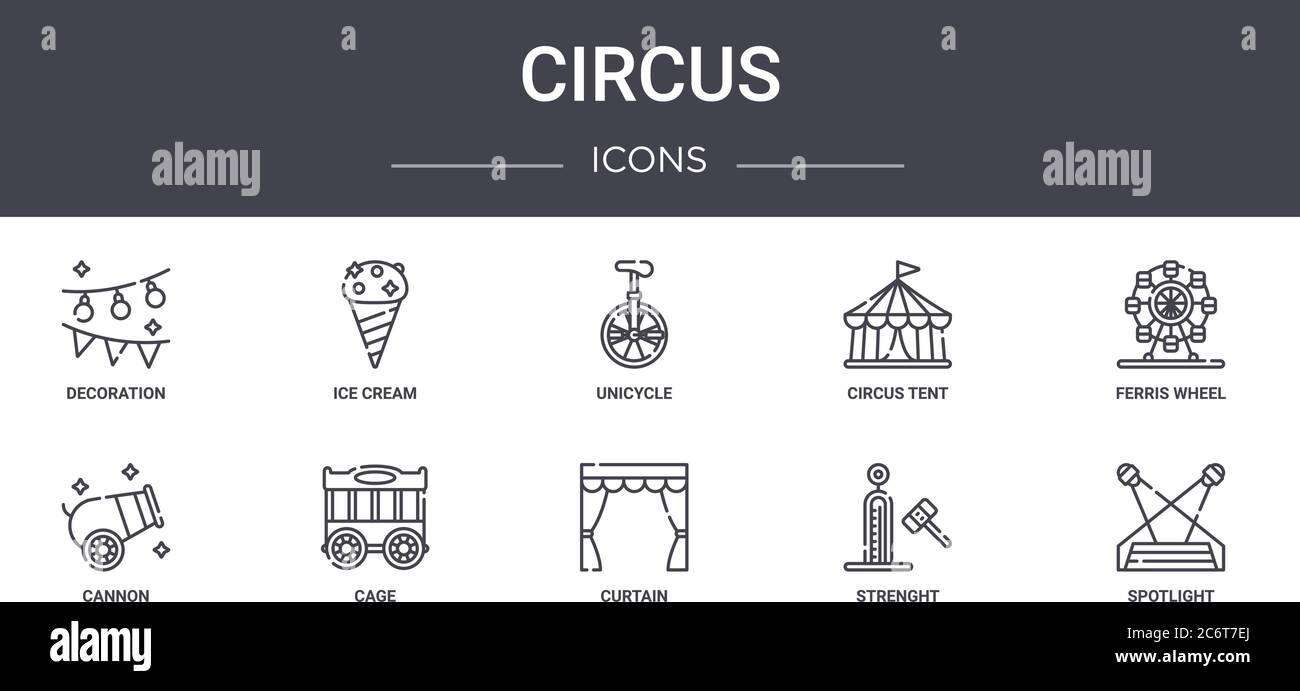 set di icone della linea di concetto circus. contiene icone utilizzabili per web, logo, ui/ux come gelato, tenda da circo, cannone, tenda, forza, faretto, ferris Illustrazione Vettoriale