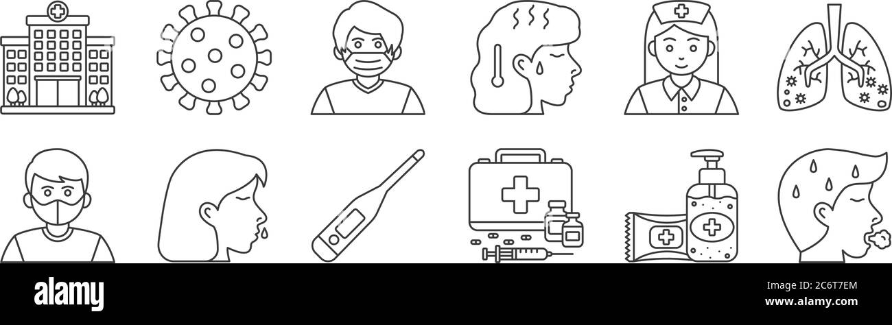12 set di icone di covidi di coronavirus lineari. icone di contorni sottili come respirazione, vaccini, snodamento, infermiera, maschera medica, coronavirus per il web, mobile Illustrazione Vettoriale