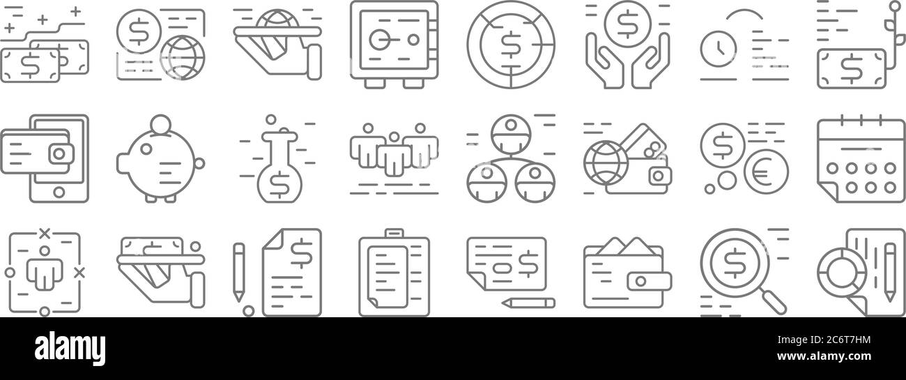 icone di linea di affari e finanza. insieme lineare. insieme di linea vettoriale di qualità come statistica, portafoglio, planing, strategia, mercato, ricerca, profitto, analisi Illustrazione Vettoriale